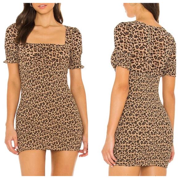 MAJORELLE size XL Mini Dress Short Sleeve Lexi Leopard Print Smocked Revolve - Picture 1 of 6